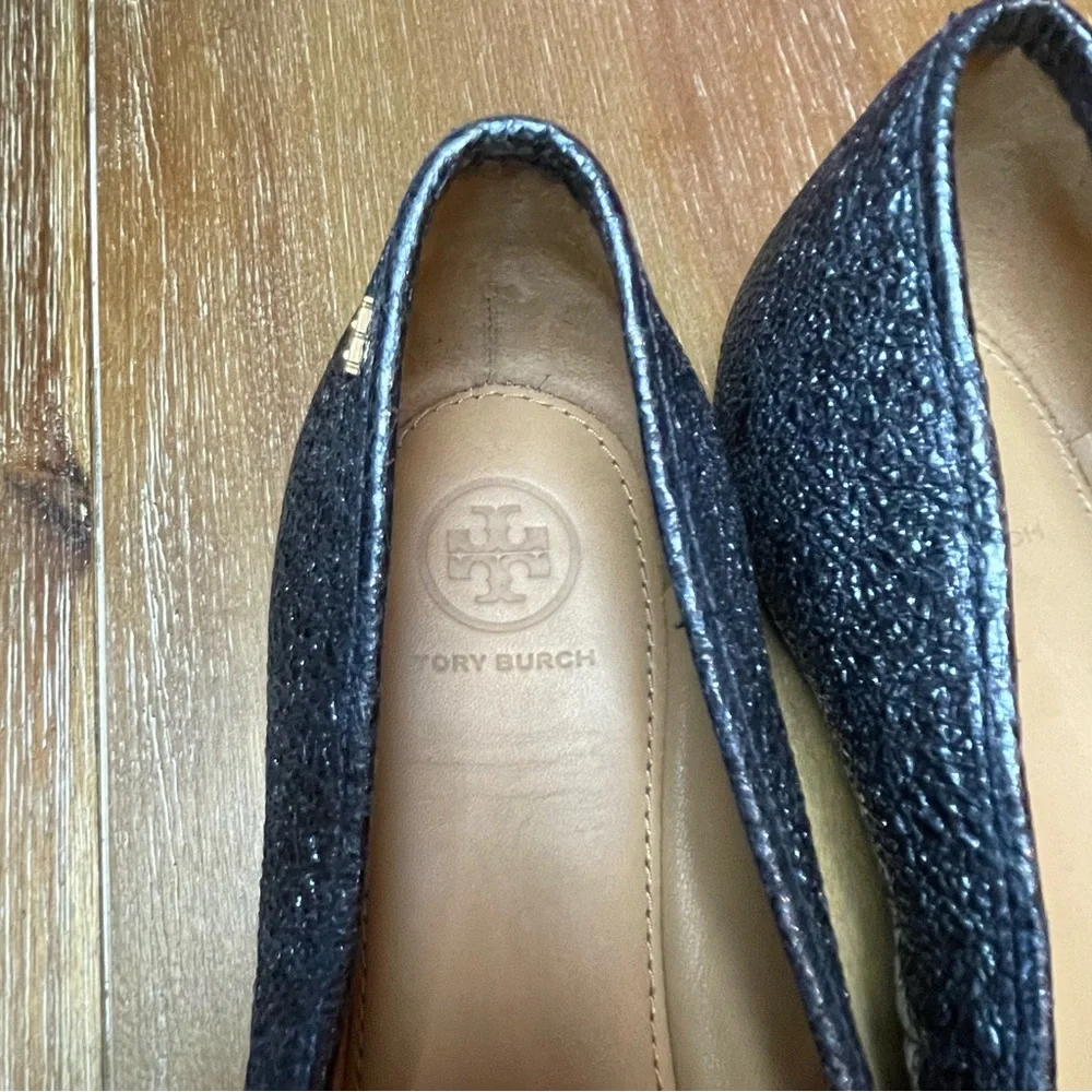 Tory Burch Laila 2 Driver Ballet Flat Navy Crinkle Metallic Size 9